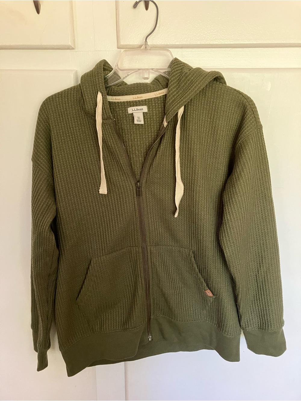L.L. Bean Men's Olive Green Waffle-Knit Hooded Zip Sweater